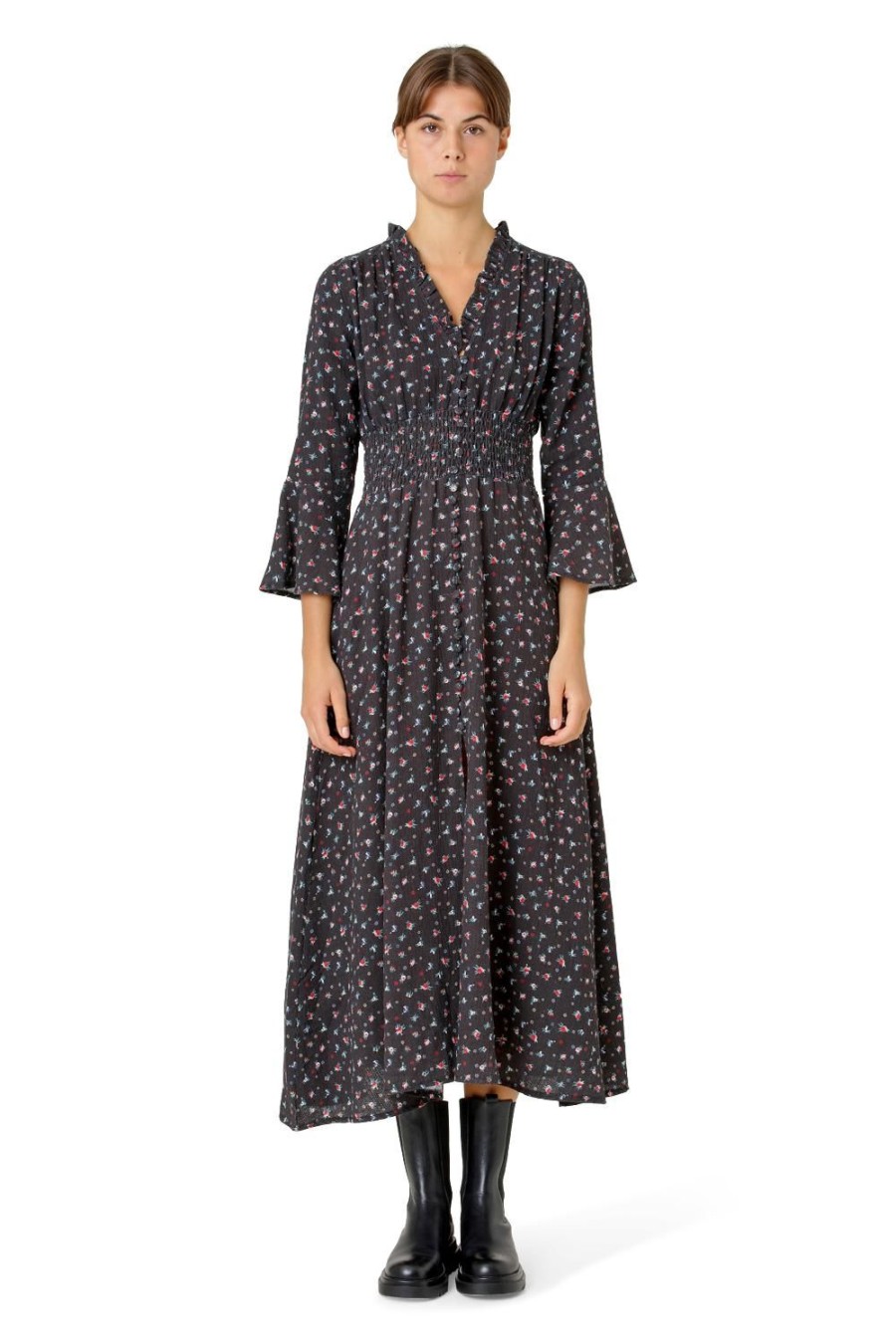 Dresses | Americandreams Sally Cotton Long Dress Black W/ Mixed Flower